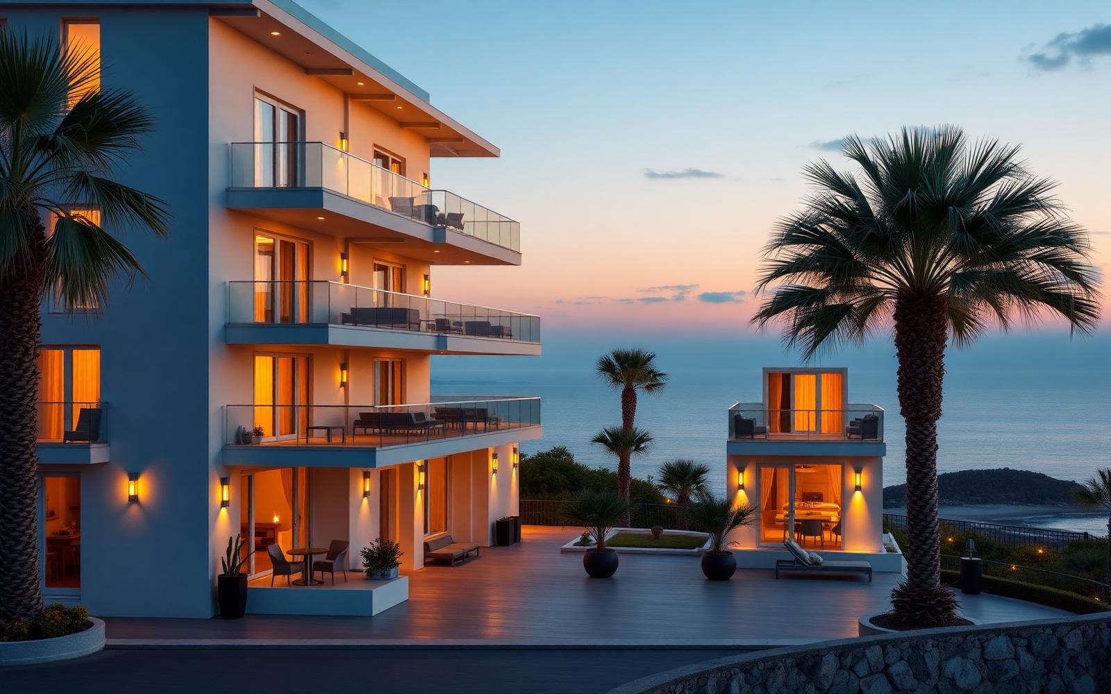 Hôtel élégant sur la Côte d'Azur au coucher du soleil